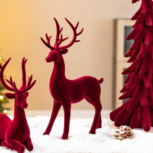 Glitzhome® Burgundy Flocked Reindeer with Tree Christmas Table Décor Set